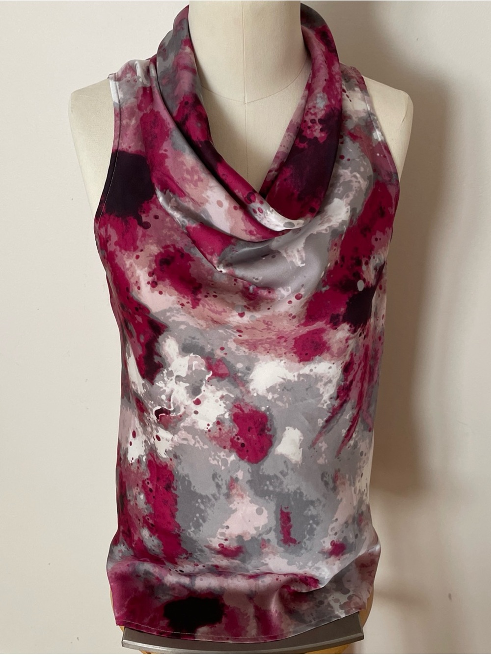 Lord & Taylor Sleeveless Cowl Neck Blouse in Magenta, Gray and White Abstract